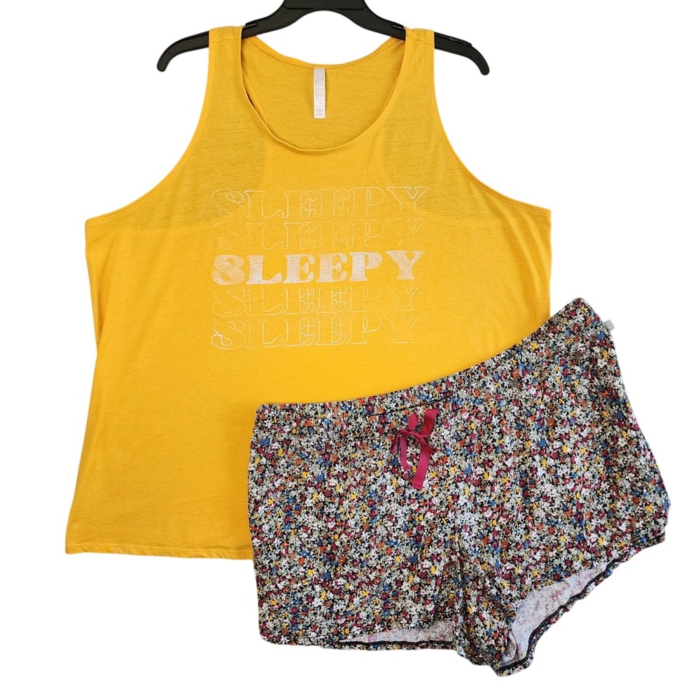 Cacique‎ Pajama Set Womens 22/24 Yellow Sleepy Graphic Tank Floral Shorts Lounge